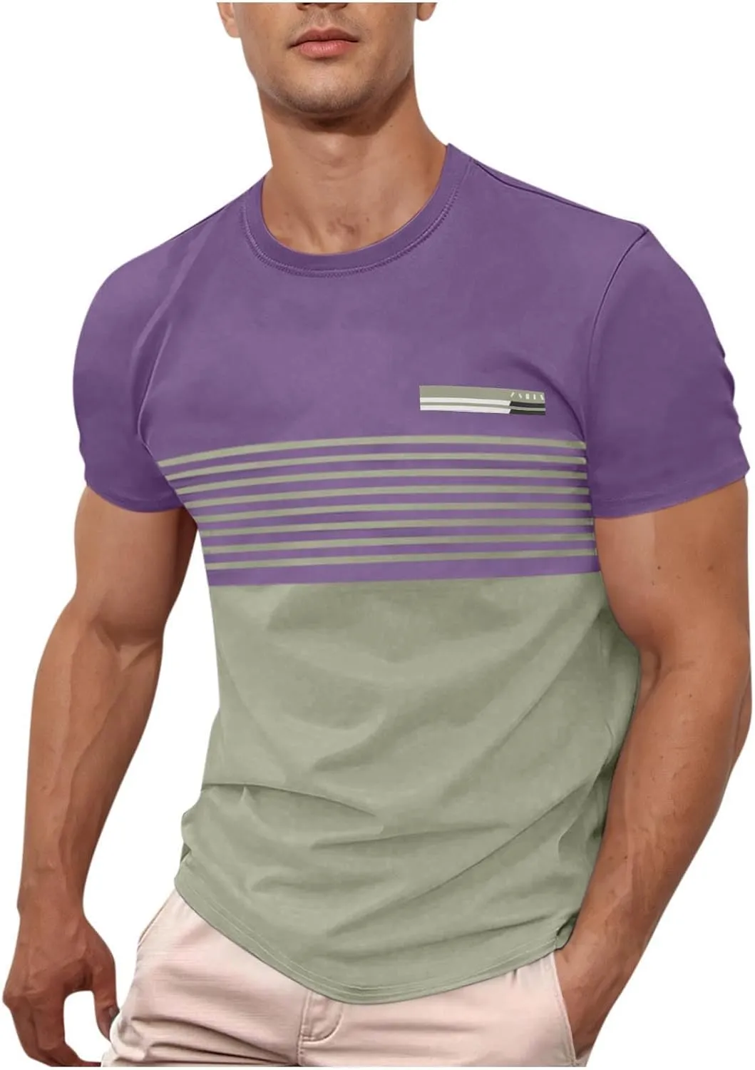 Men's Striped Printed Pullover Short Sleeve Summer T-Shirt Color Matching Shirts Business Casual Top for Men