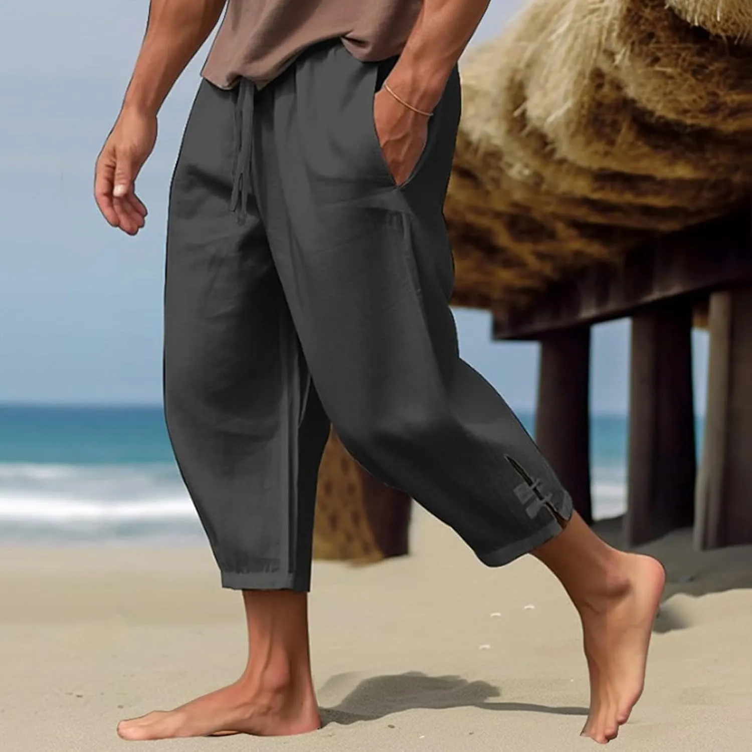 Mens Summer Capri Pants Cotton & Linen Cargo Hiking Casual Loose Cropped Pants Summer Lightweight Quick Drying Trousers 2024