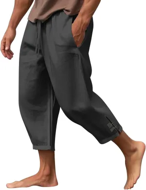 Mens Summer Capri Pants Cotton & Linen Cargo Hiking Casual Loose Cropped Pants Summer Lightweight Quick Drying Trousers 2024