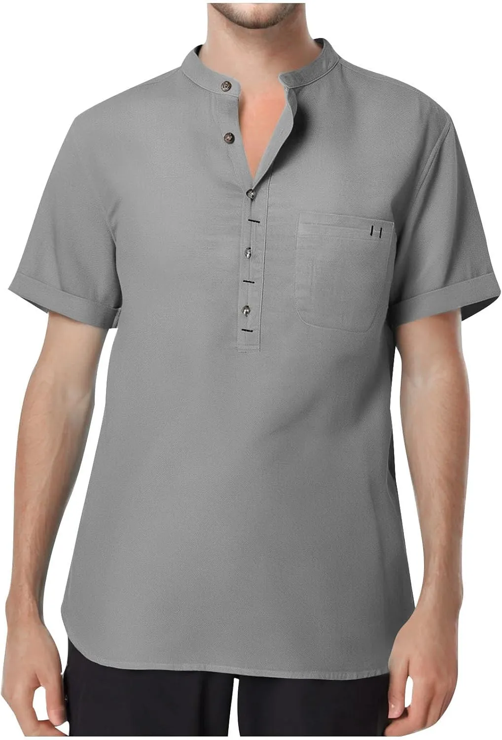 Men's Summer Lightweight Cotton Linen Shirts Casual Short Sleeve Button Up Stand Collar Henley Top for Beach Vacation