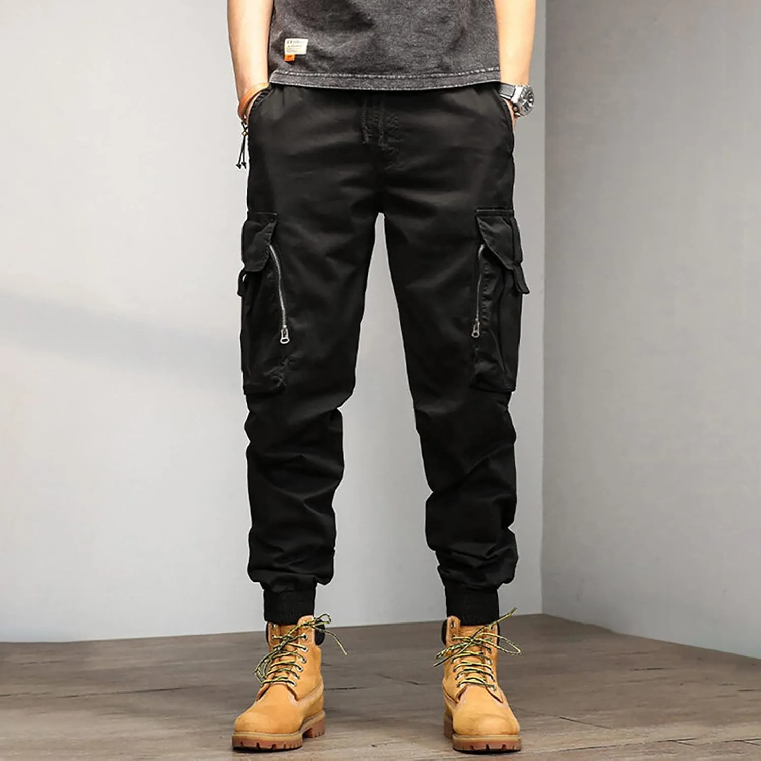 Mens Sweatpants Open Bottom Men's Lightweight Cargo Trouser Hiking Pants Casual Jogger Pants with Multi Pockets