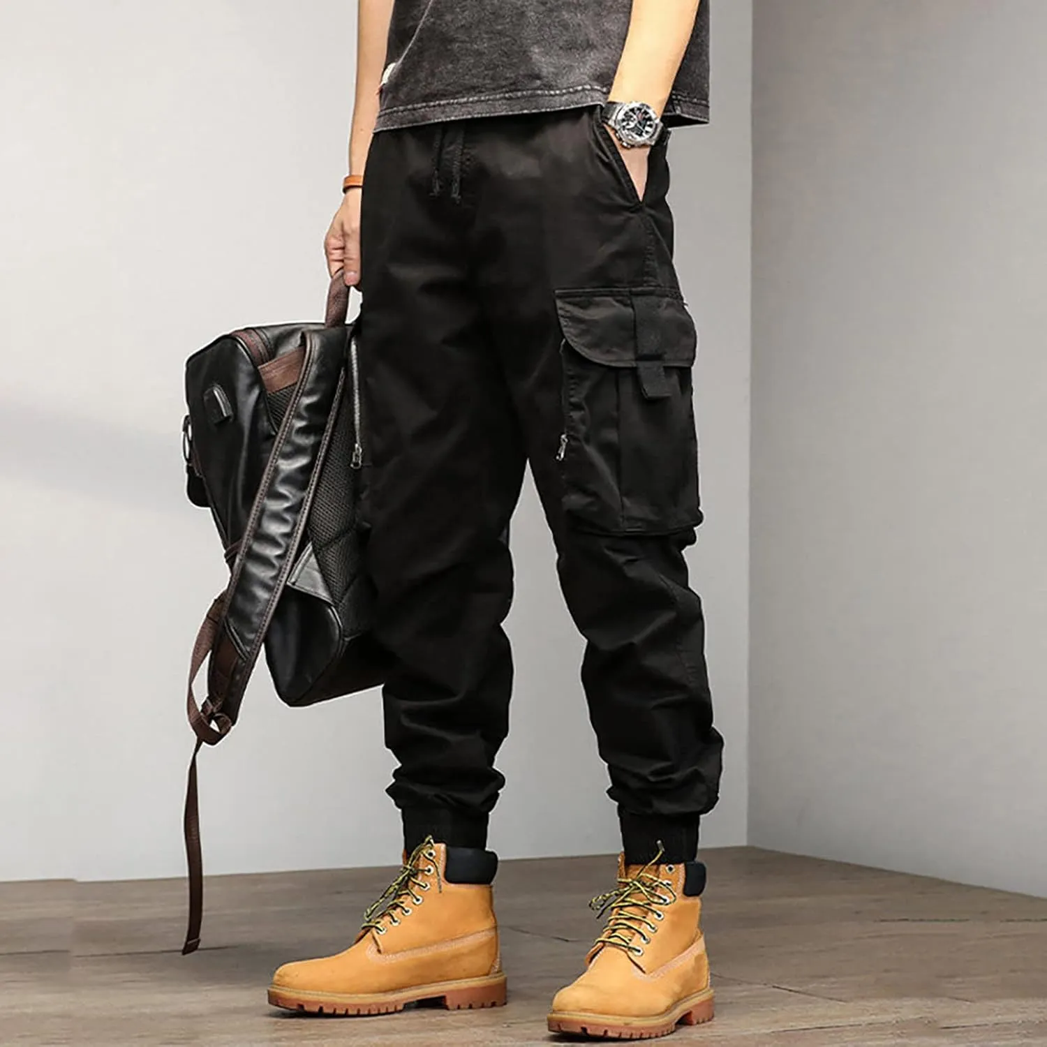 Mens Sweatpants Open Bottom Men's Lightweight Cargo Trouser Hiking Pants Casual Jogger Pants with Multi Pockets