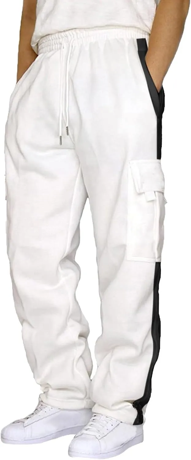 Men's Wide Leg Pants Cotton Wool Cargo Pants Lace up Elastic Waist Jogger Sport Casual Sweatpant Full Length Trouser