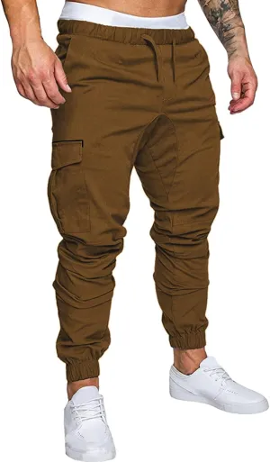 Mens Workout Cargo Sweatpants Pro-Active Performance Fleece Cargo Sweatpants Relax Fit Bungee Cord Open Bottom Mens