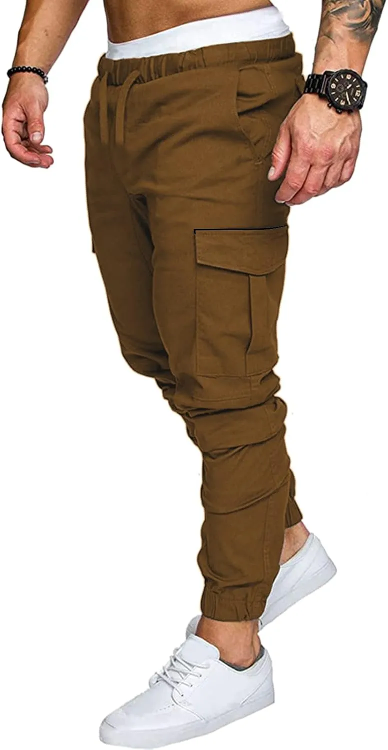 Mens Workout Cargo Sweatpants Pro-Active Performance Fleece Cargo Sweatpants Relax Fit Bungee Cord Open Bottom Mens