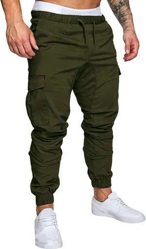 Mens Workout Cargo Sweatpants Pro-Active Performance Fleece Cargo Sweatpants Relax Fit Bungee Cord Open Bottom Mens