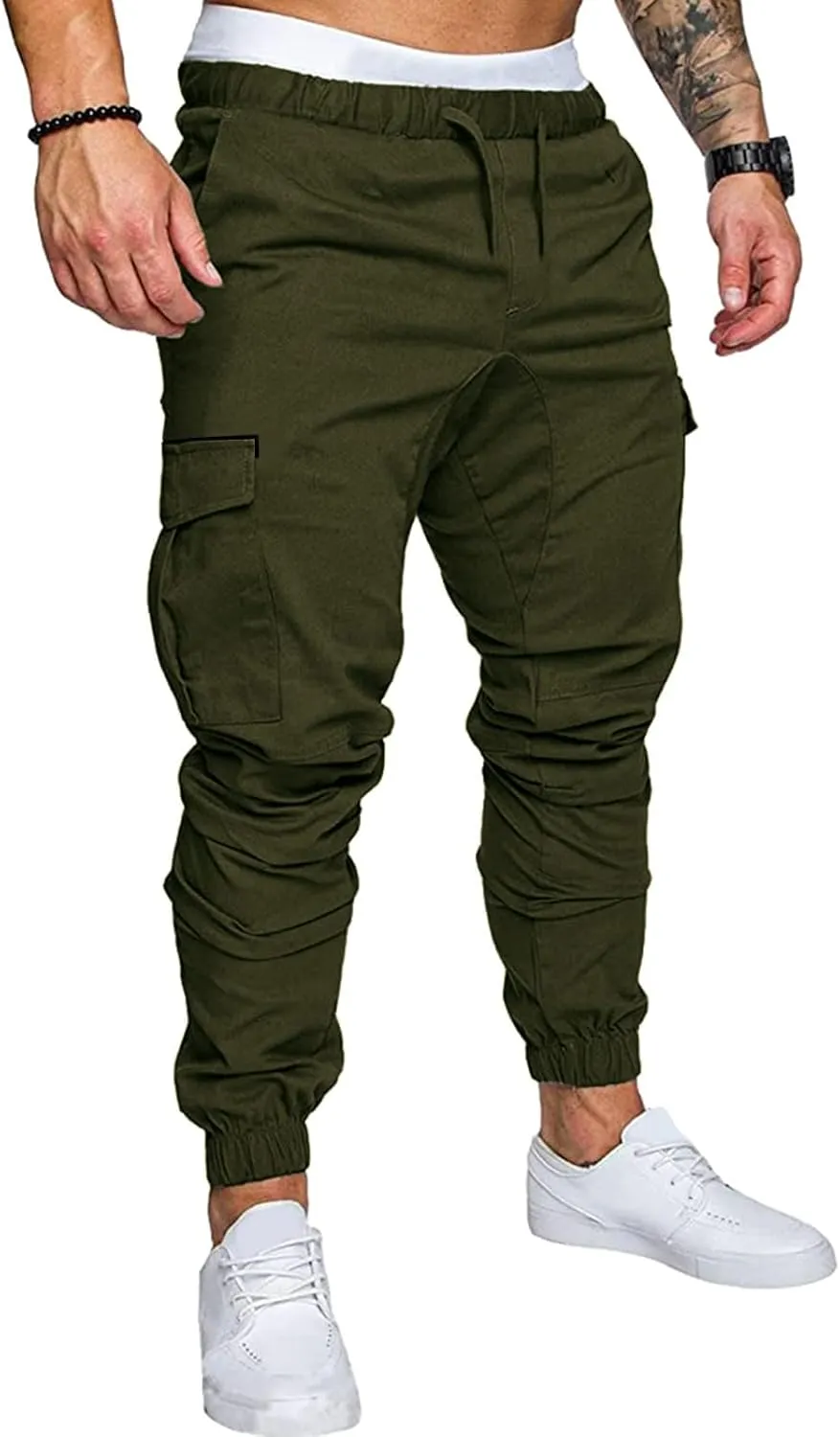 Mens Workout Cargo Sweatpants Pro-Active Performance Fleece Cargo Sweatpants Relax Fit Bungee Cord Open Bottom Mens
