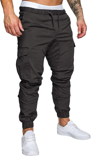 Mens Workout Cargo Sweatpants Pro-Active Performance Fleece Cargo Sweatpants Relax Fit Bungee Cord Open Bottom Mens