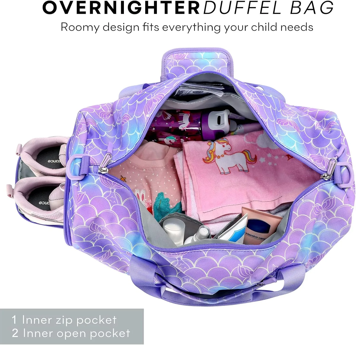 mibasies Dance Bag for Girls Duffle Bag Kids Overnight Travel Sleepover Bags Sport Gym Bag with Shoes Compartment(Mermaid Purple)