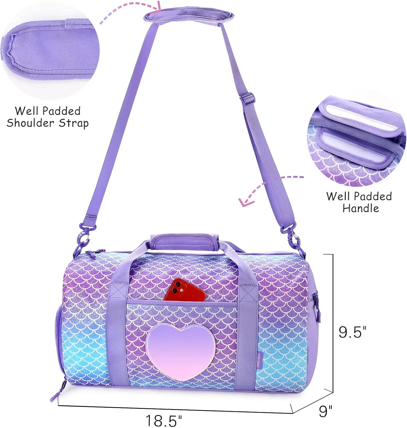 mibasies Dance Bag for Girls Duffle Bag Kids Overnight Travel Sleepover Bags Sport Gym Bag with Shoes Compartment(Mermaid Purple)