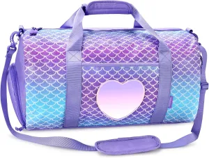 mibasies Dance Bag for Girls Duffle Bag Kids Overnight Travel Sleepover Bags Sport Gym Bag with Shoes Compartment(Mermaid Purple)