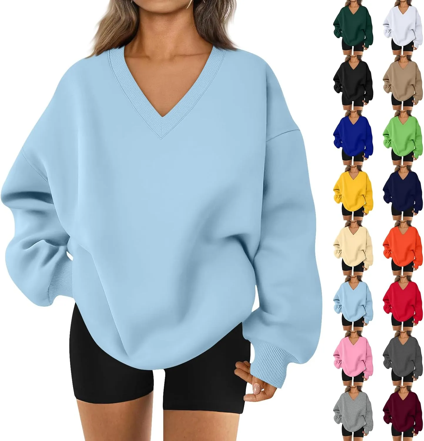 midelxp Womens Oversized V Neck Sweatshirt Trendy Casual Winter Fleece Pullover Sweaters Cute Preppy Long Sleeve Sweat Shirts