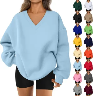 midelxp Womens Oversized V Neck Sweatshirt Trendy Casual Winter Fleece Pullover Sweaters Cute Preppy Long Sleeve Sweat Shirts
