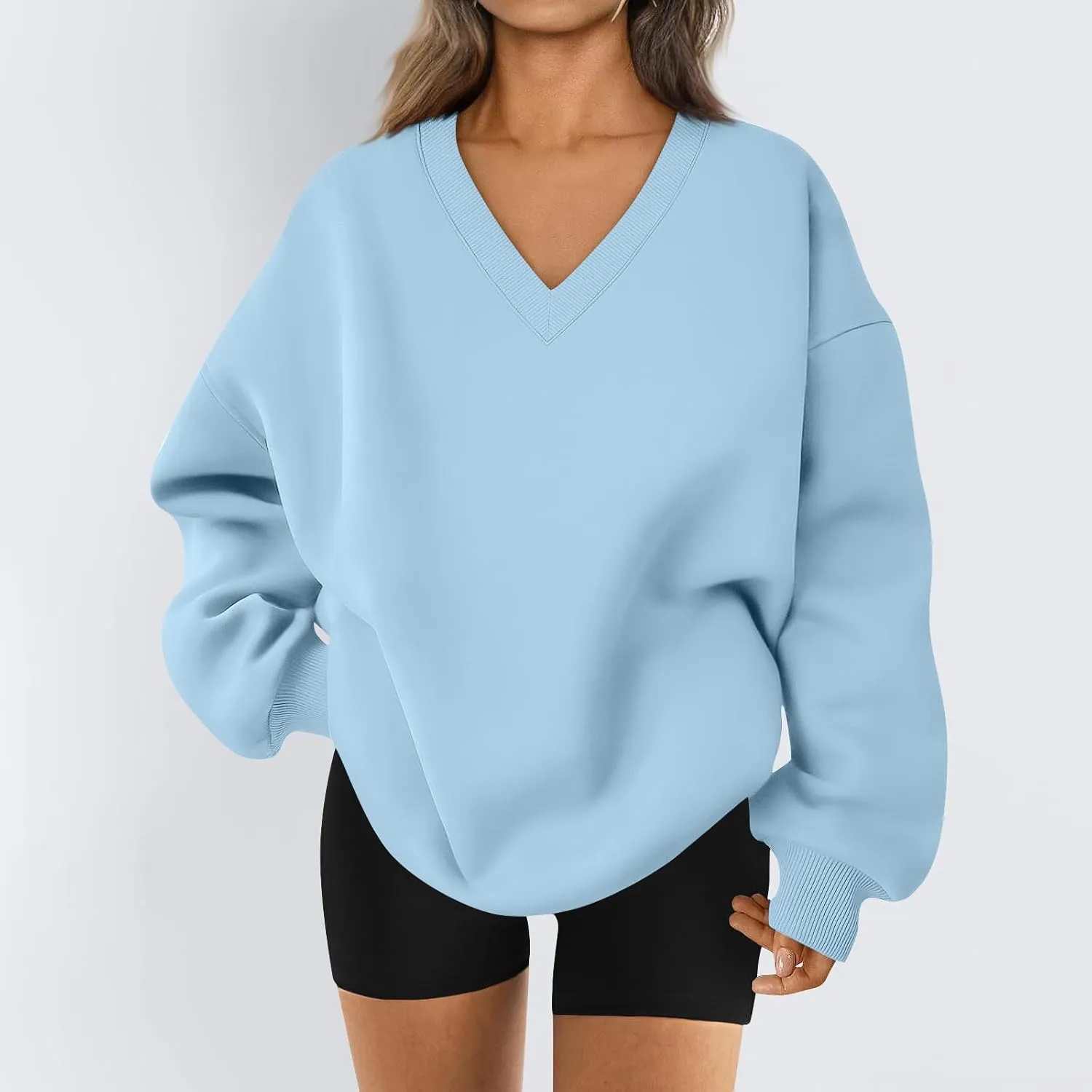 midelxp Womens Oversized V Neck Sweatshirt Trendy Casual Winter Fleece Pullover Sweaters Cute Preppy Long Sleeve Sweat Shirts
