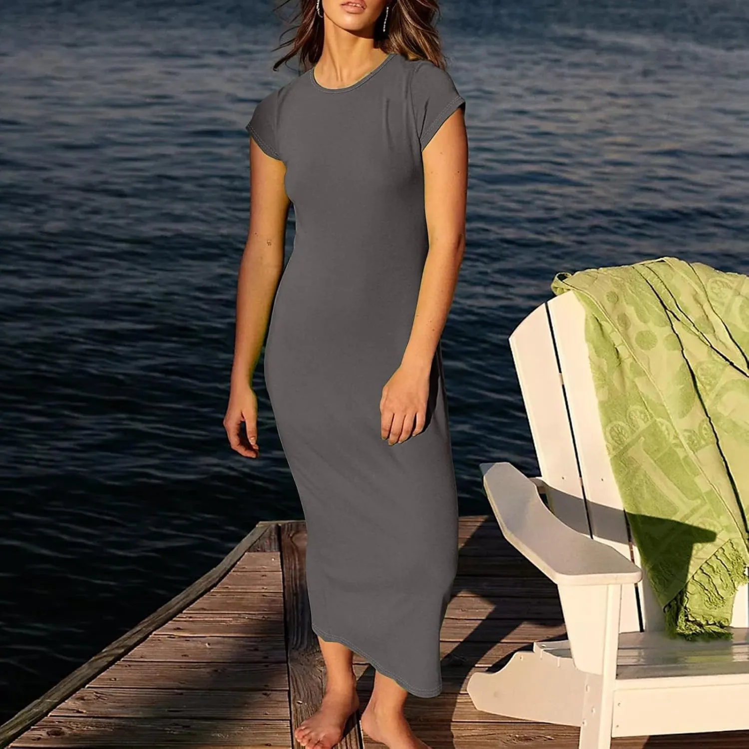 Midi Dresses for Women Summer Crewneck Short Sleeve Tshirt Dress Casual Modest Beach Vacation Homecoming Dresses