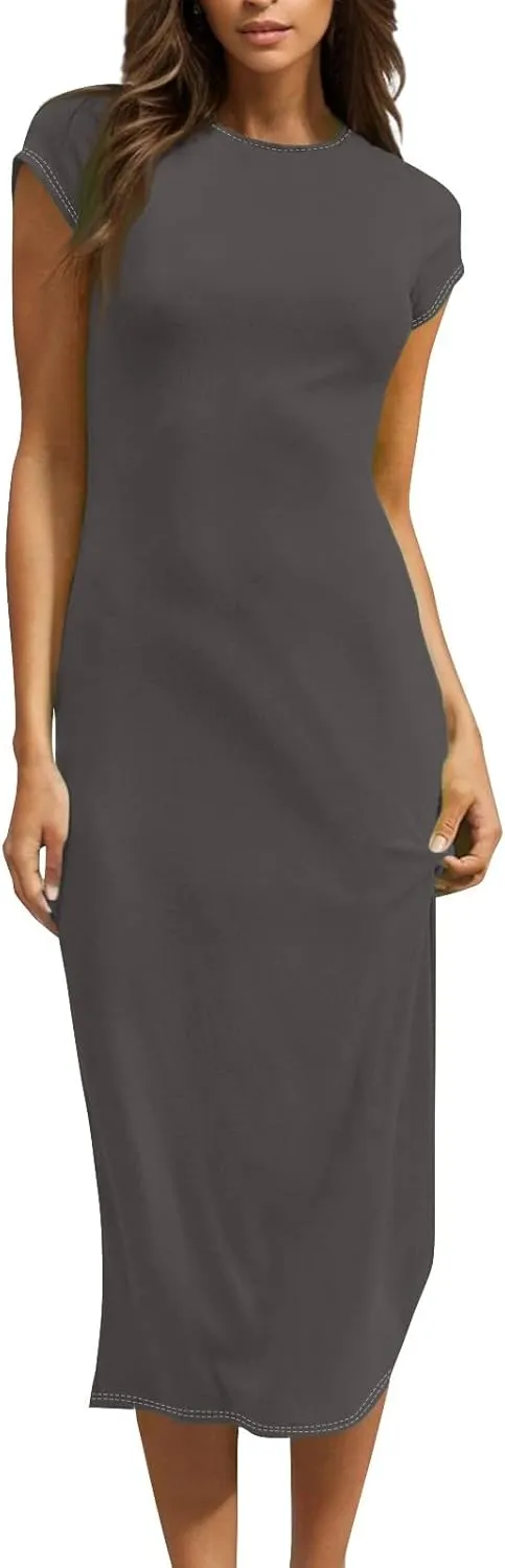 Midi Dresses for Women Summer Crewneck Short Sleeve Tshirt Dress Casual Modest Beach Vacation Homecoming Dresses