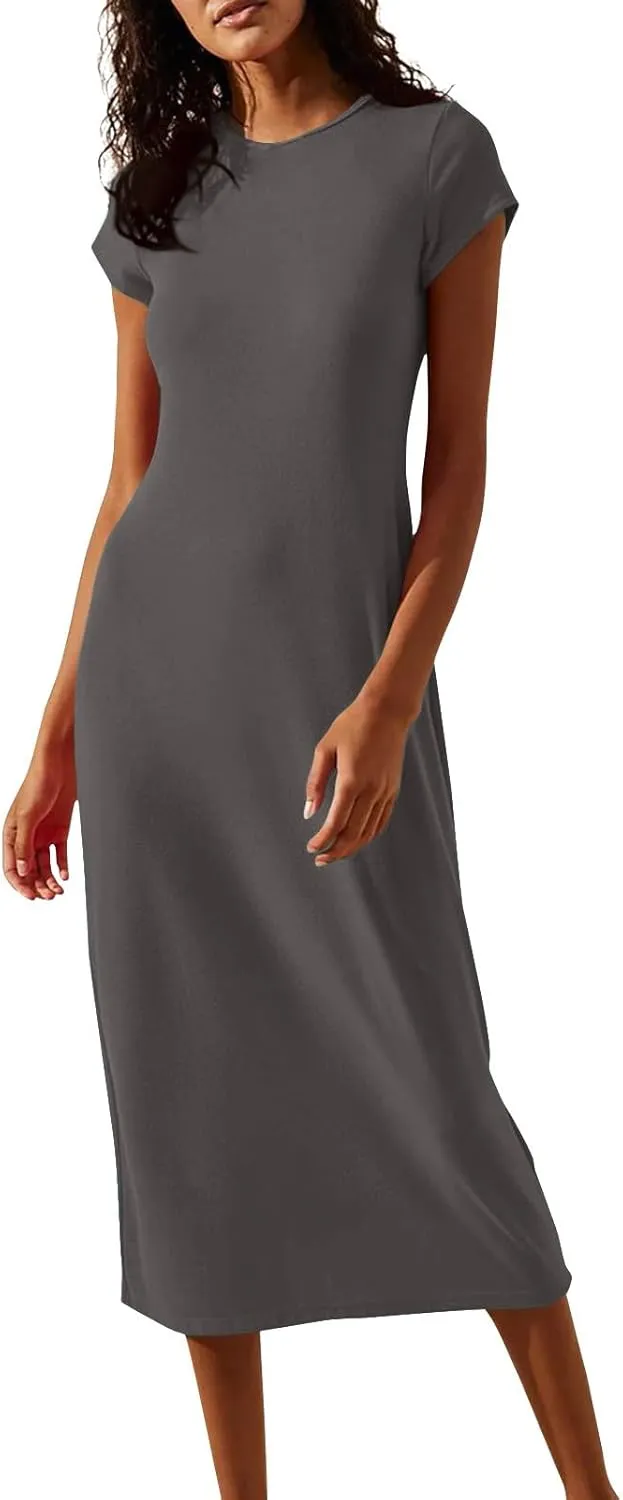 Midi Dresses for Women Summer Crewneck Short Sleeve Tshirt Dress Casual Modest Beach Vacation Homecoming Dresses