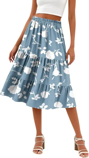 midi Tiered Skirts for Women Summer Boho Floral high Elastic Waist a line Skirts Long Ruffle Flowy Vacation Skort