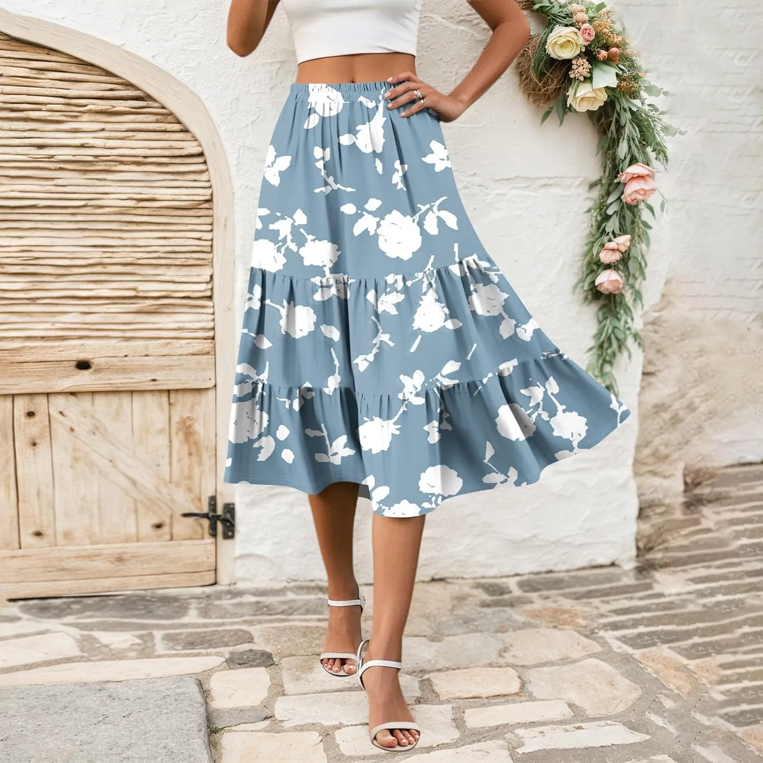 midi Tiered Skirts for Women Summer Boho Floral high Elastic Waist a line Skirts Long Ruffle Flowy Vacation Skort