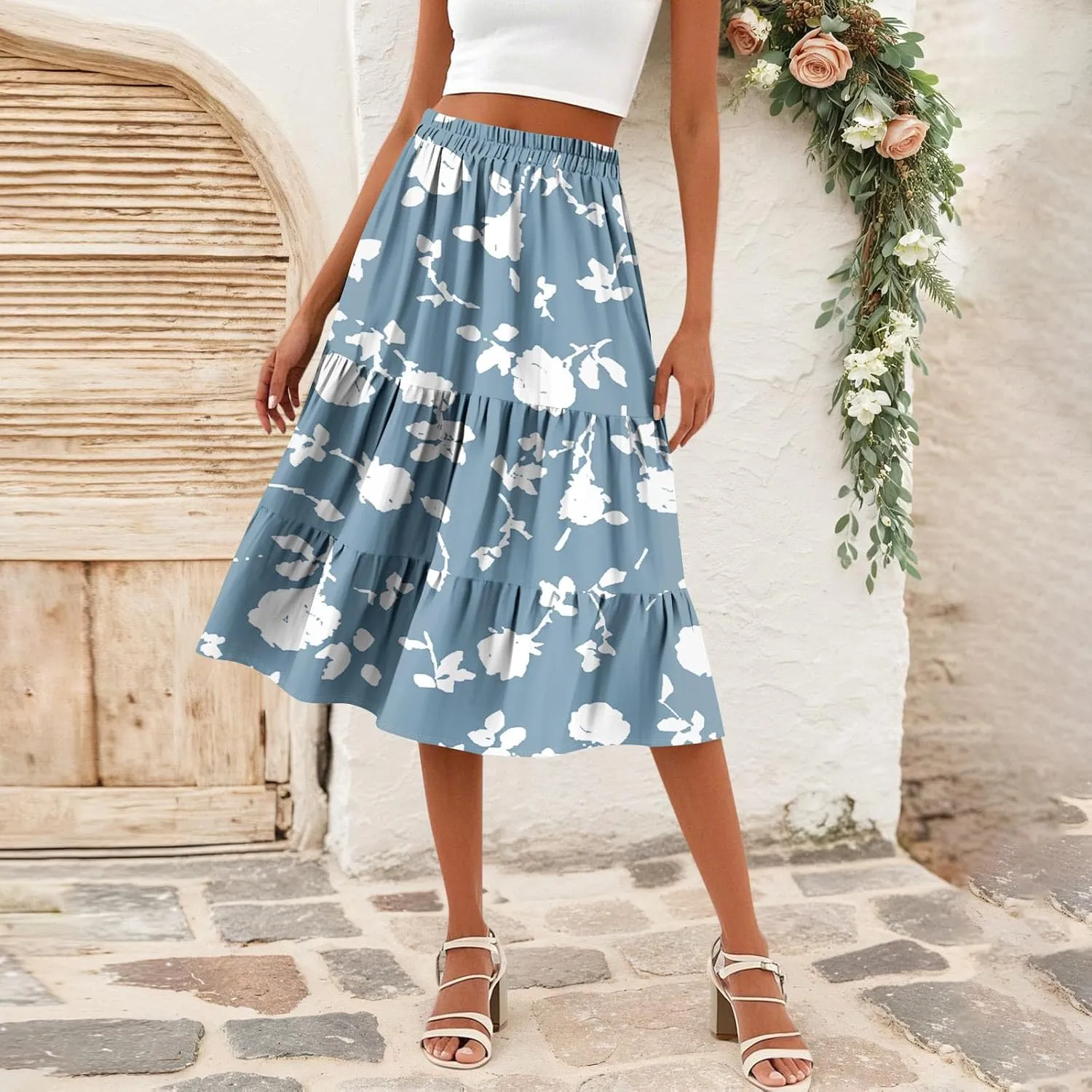 midi Tiered Skirts for Women Summer Boho Floral high Elastic Waist a line Skirts Long Ruffle Flowy Vacation Skort