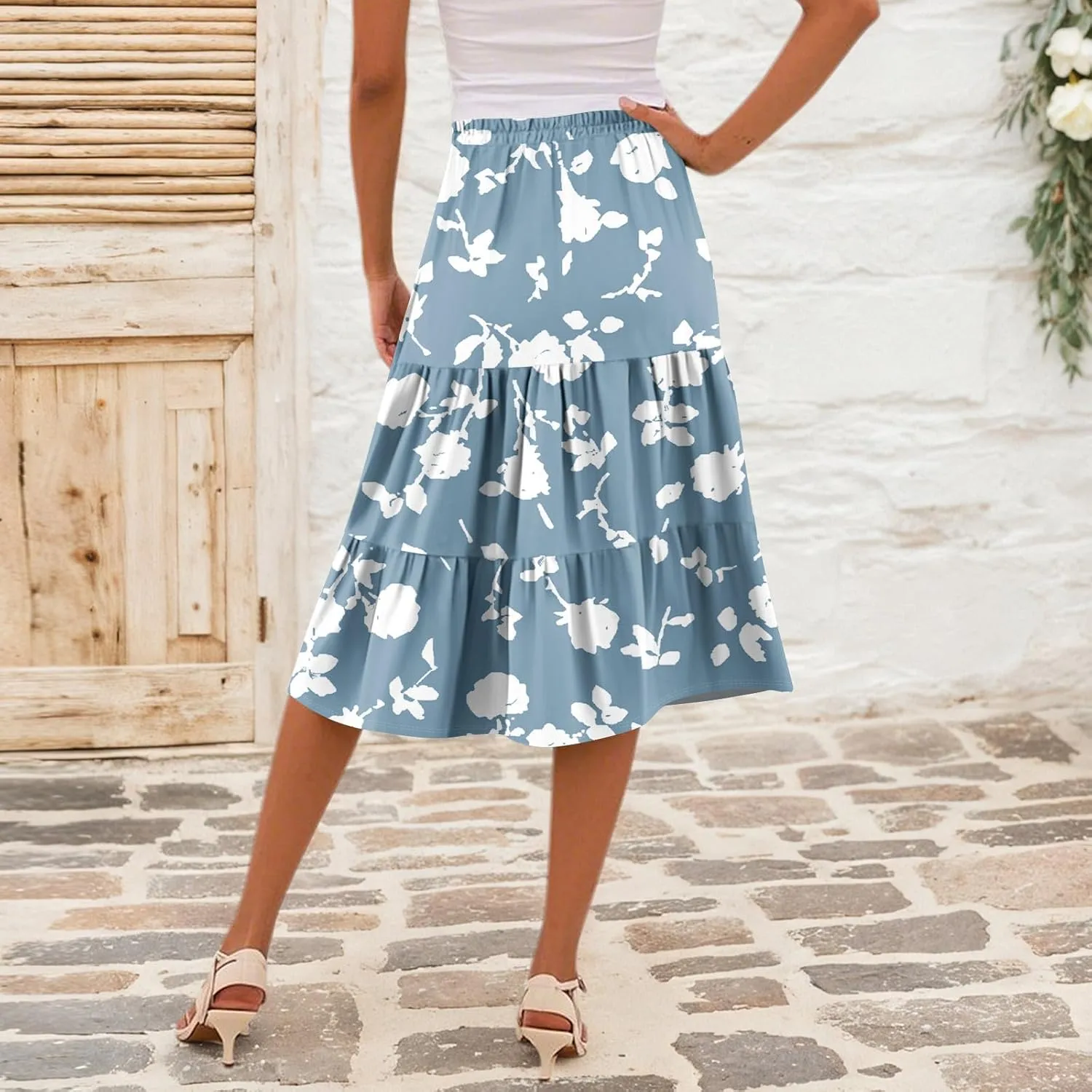 midi Tiered Skirts for Women Summer Boho Floral high Elastic Waist a line Skirts Long Ruffle Flowy Vacation Skort