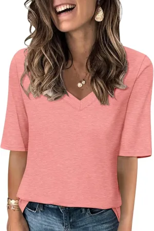 Minetom Women's V Neck T Shirts Casual Half Sleeve Tops Basic Summer Tees