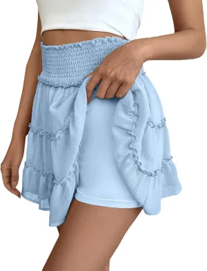 Mini Skirt with Shorts Underneath Chiffon Smocked High Waisted Ruffle Skort Short Summer Flowy Casual Golf Tennis Skorts