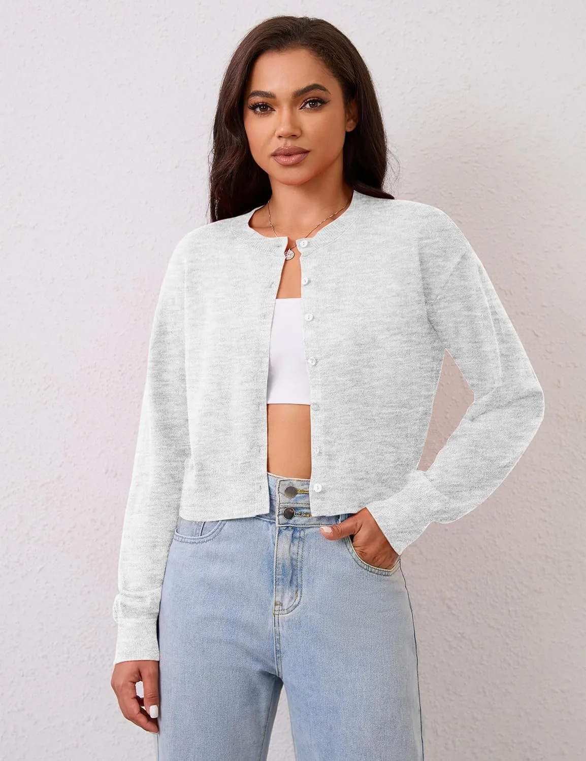 MISSACTIVER Women's Button Down Cropped Cardigan Sweater Solid Open Front Long Sleeve Crewneck Knitted Fall Cardigans Jacket