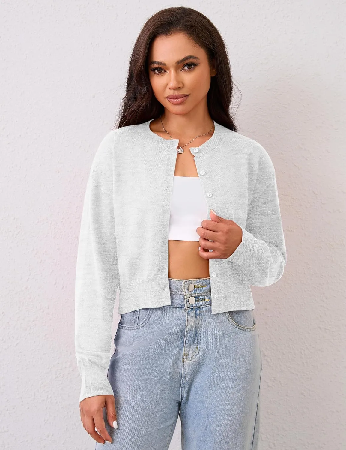 MISSACTIVER Women's Button Down Cropped Cardigan Sweater Solid Open Front Long Sleeve Crewneck Knitted Fall Cardigans Jacket