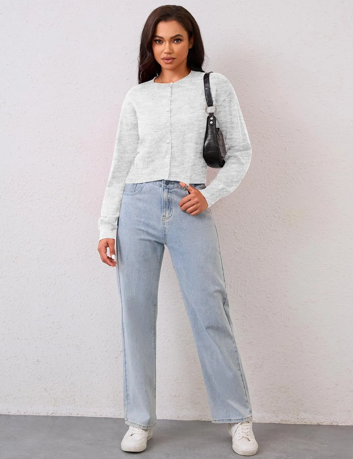 MISSACTIVER Women's Button Down Cropped Cardigan Sweater Solid Open Front Long Sleeve Crewneck Knitted Fall Cardigans Jacket