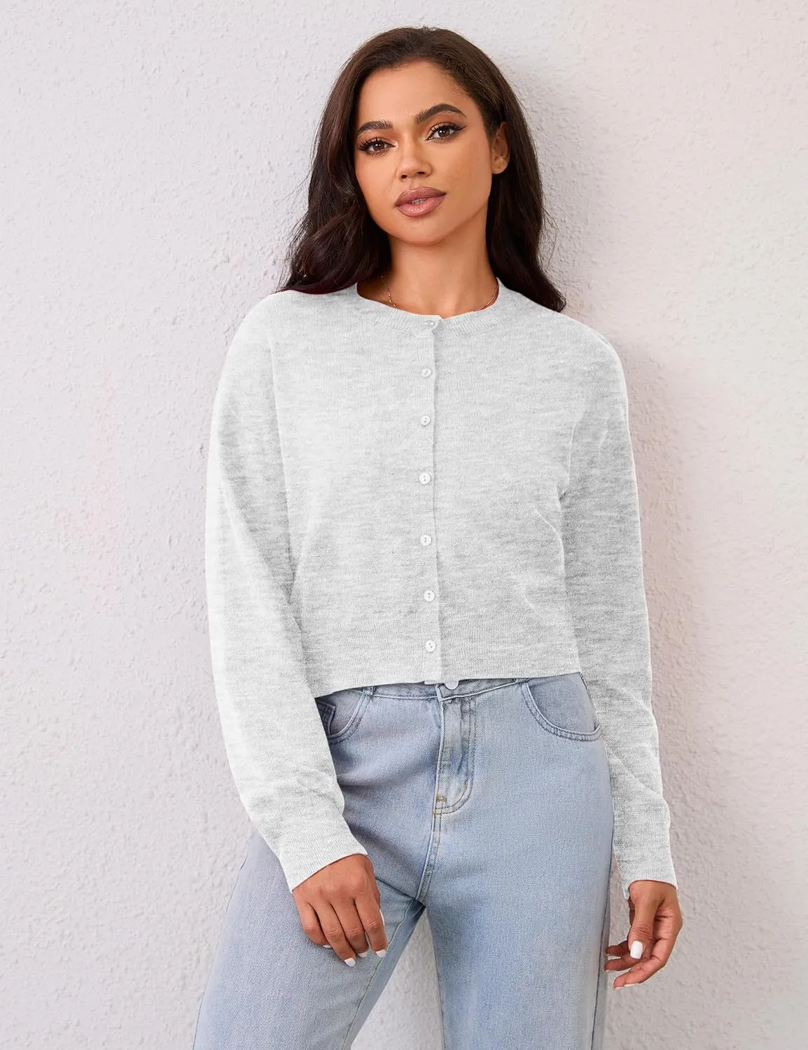 MISSACTIVER Women's Button Down Cropped Cardigan Sweater Solid Open Front Long Sleeve Crewneck Knitted Fall Cardigans Jacket