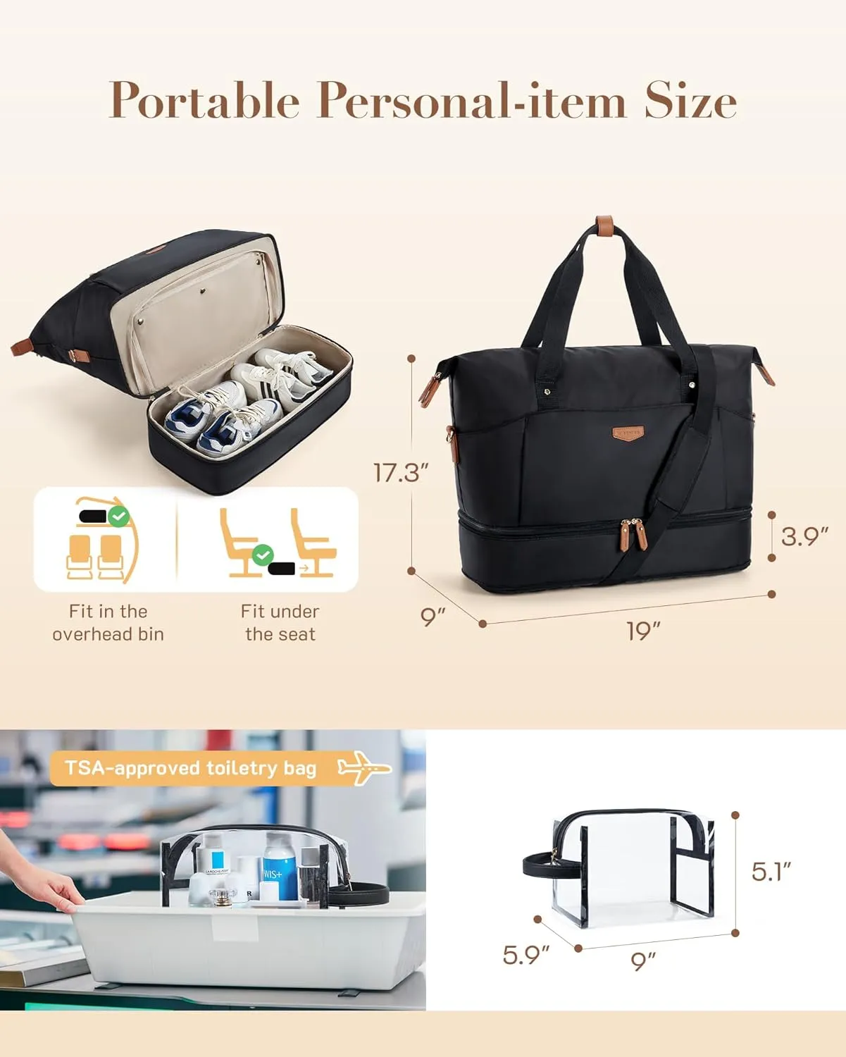 Missnine Weekender Bag for Women, Foldie Travel Bag Expandable with Shoes Compartment Travel Duffel 50L Carry on Overnight Gym