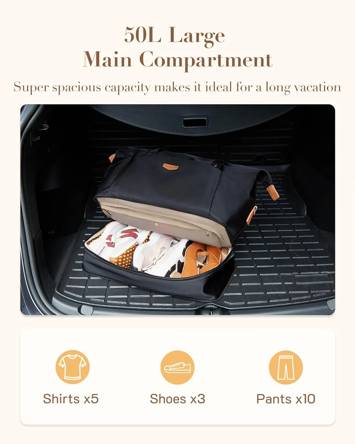 Missnine Weekender Bag for Women, Foldie Travel Bag Expandable with Shoes Compartment Travel Duffel 50L Carry on Overnight Gym