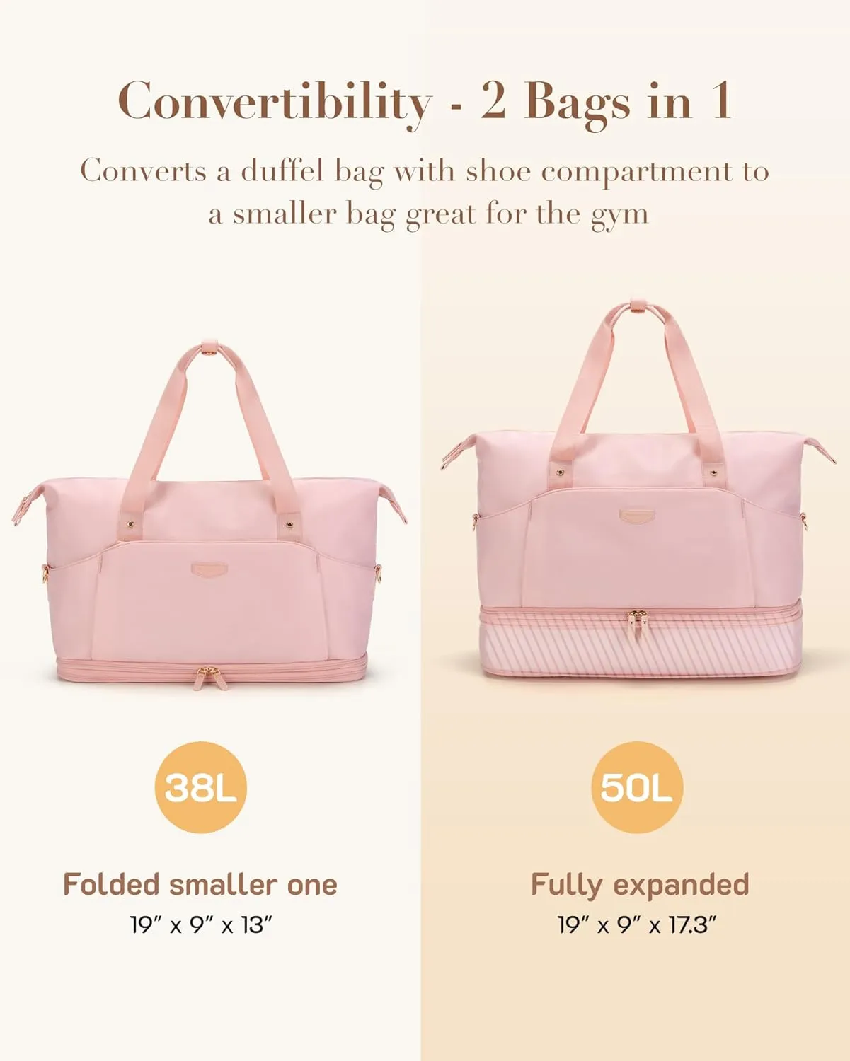 Missnine Weekender Bag for Women, Foldie Travel Bag Expandable with Shoes Compartment Travel Duffel 50L Carry on Overnight Gym