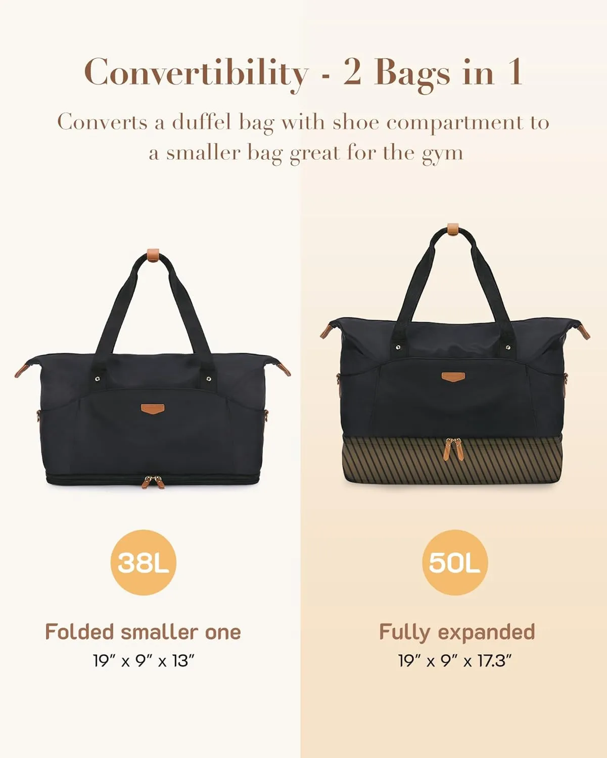 Missnine Weekender Bag for Women, Foldie Travel Bag Expandable with Shoes Compartment Travel Duffel 50L Carry on Overnight Gym