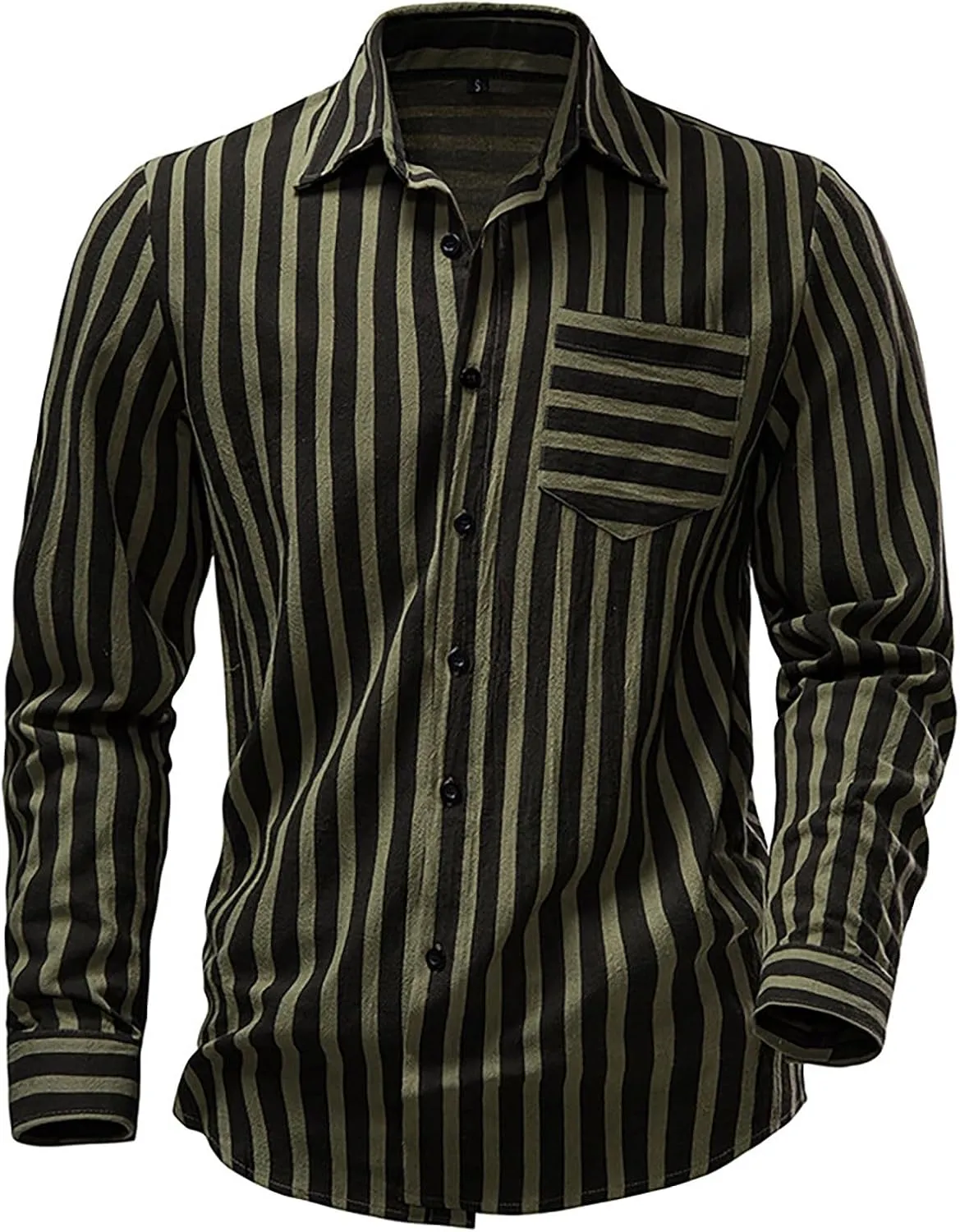 Miyaomn Fashion Striped Button Down Shirts for Men Cotton Linen Lightweight V-Neck Long Sleeve Dress Shirts Casual Summer Top