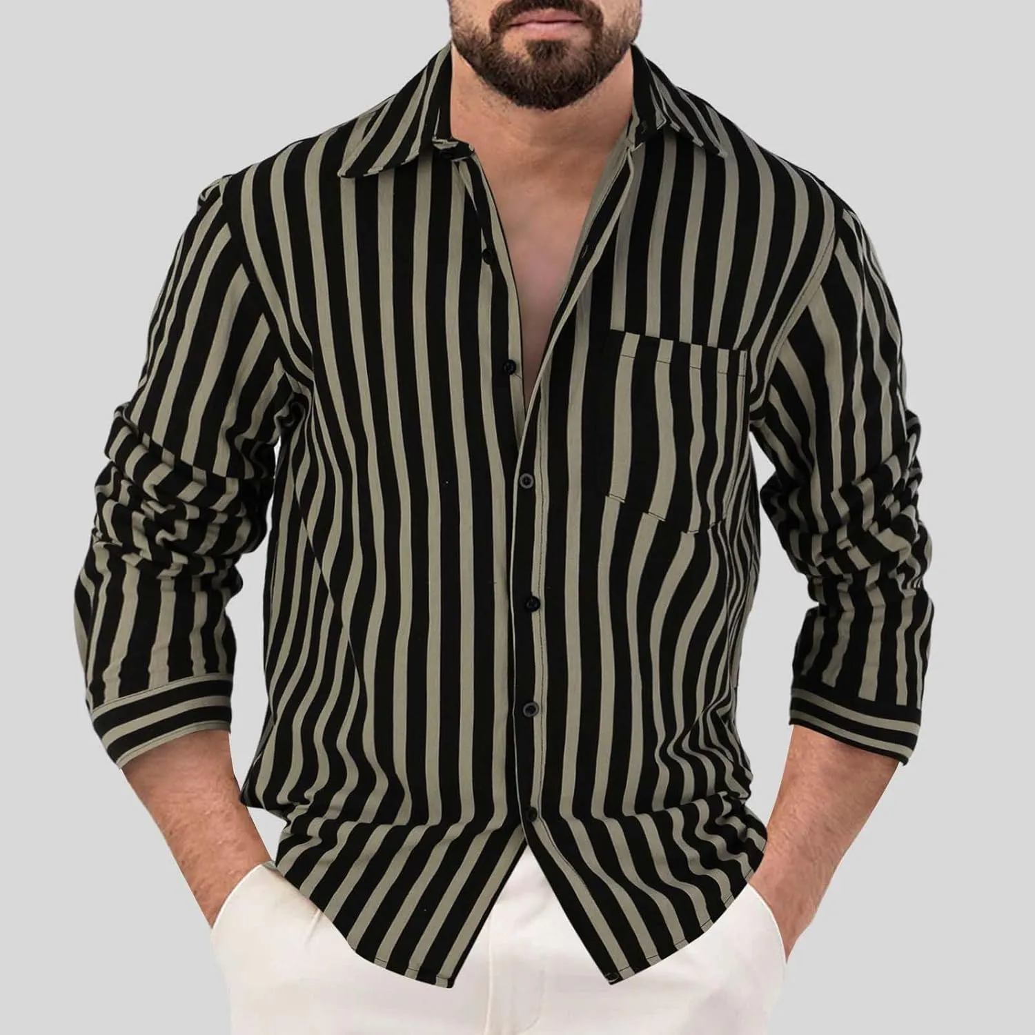 Miyaomn Fashion Striped Button Down Shirts for Men Cotton Linen Lightweight V-Neck Long Sleeve Dress Shirts Casual Summer Top