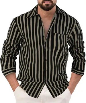 Miyaomn Fashion Striped Button Down Shirts for Men Cotton Linen Lightweight V-Neck Long Sleeve Dress Shirts Casual Summer Top