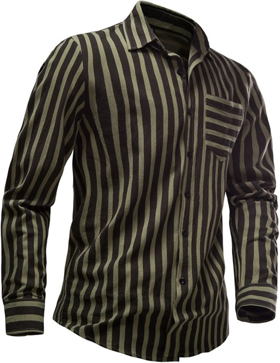 Miyaomn Fashion Striped Button Down Shirts for Men Cotton Linen Lightweight V-Neck Long Sleeve Dress Shirts Casual Summer Top