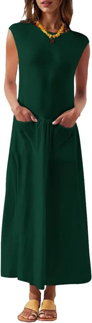 Naggoo Womens Sleeveless Maxi Dress Summer Casual Crewneck Tank Long Dreses with Pocket Vacation Beach Sundress