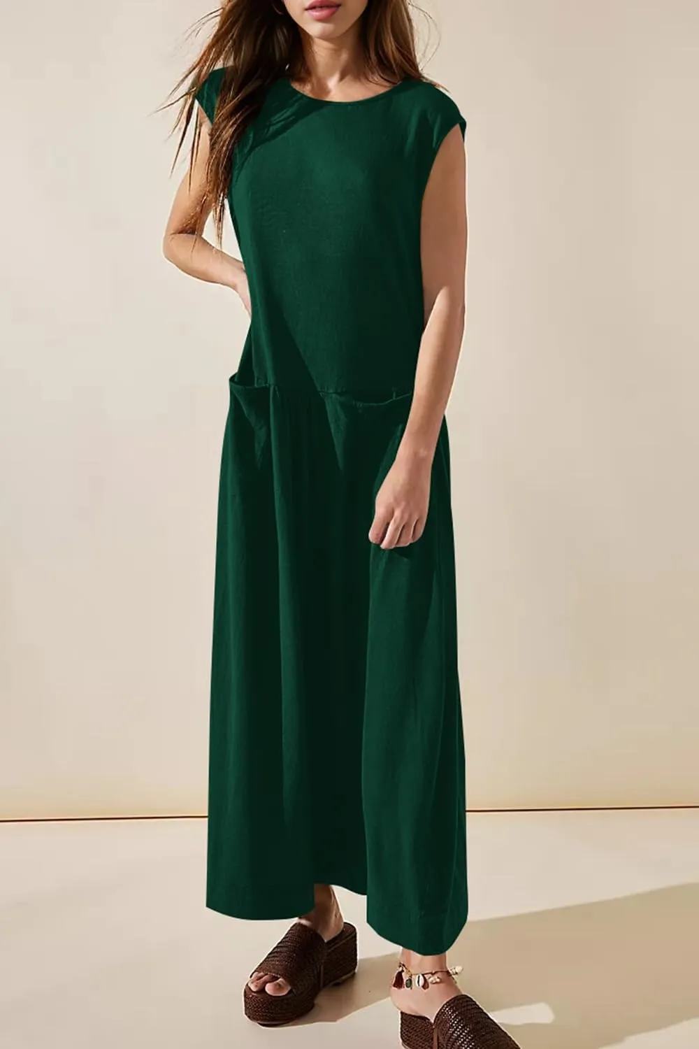 Naggoo Womens Sleeveless Maxi Dress Summer Casual Crewneck Tank Long Dreses with Pocket Vacation Beach Sundress