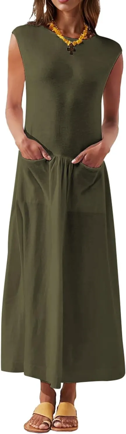 Naggoo Womens Sleeveless Maxi Dress Summer Casual Crewneck Tank Long Dreses with Pocket Vacation Beach Sundress