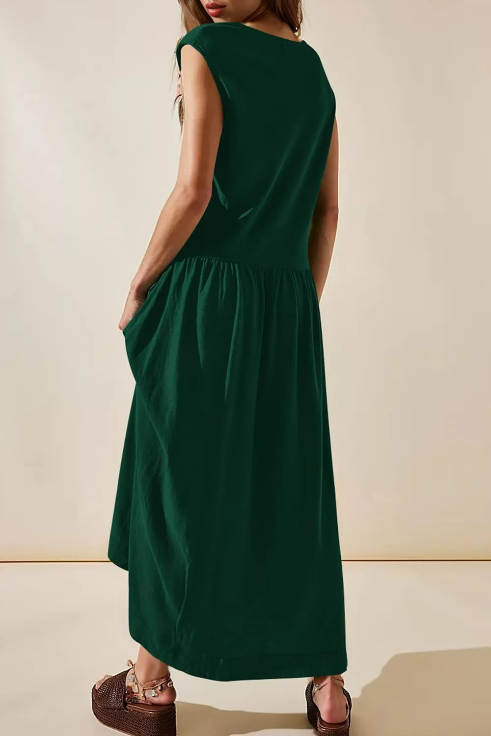 Naggoo Womens Sleeveless Maxi Dress Summer Casual Crewneck Tank Long Dreses with Pocket Vacation Beach Sundress