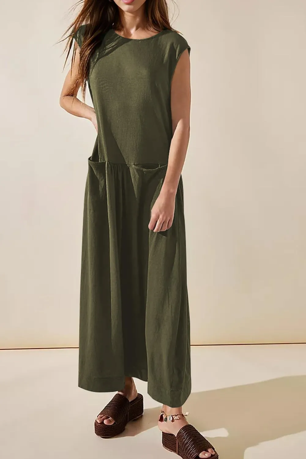 Naggoo Womens Sleeveless Maxi Dress Summer Casual Crewneck Tank Long Dreses with Pocket Vacation Beach Sundress