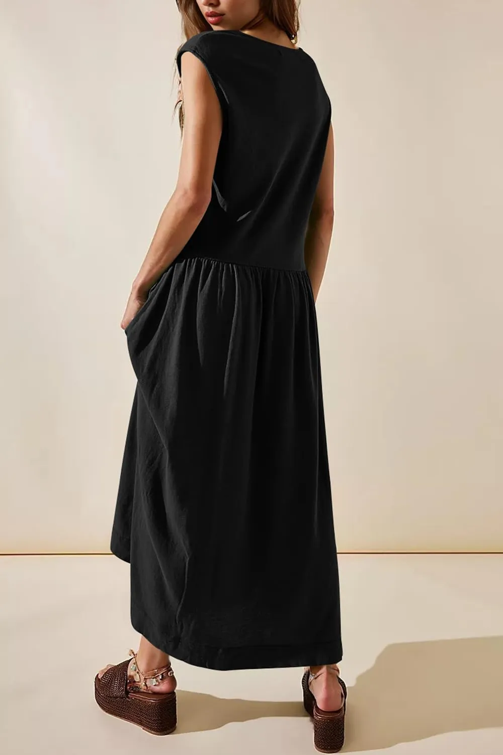 Naggoo Womens Sleeveless Maxi Dress Summer Casual Crewneck Tank Long Dreses with Pocket Vacation Beach Sundress