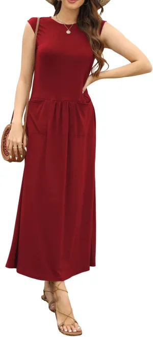 Naggoo Womens Sleeveless Maxi Dress Summer Casual Crewneck Tank Long Dreses with Pocket Vacation Beach Sundress