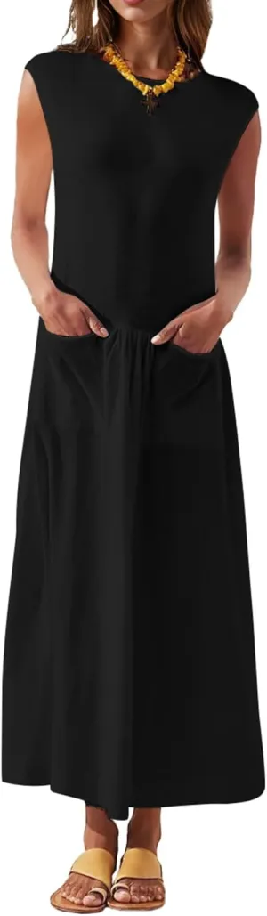 Naggoo Womens Sleeveless Maxi Dress Summer Casual Crewneck Tank Long Dreses with Pocket Vacation Beach Sundress