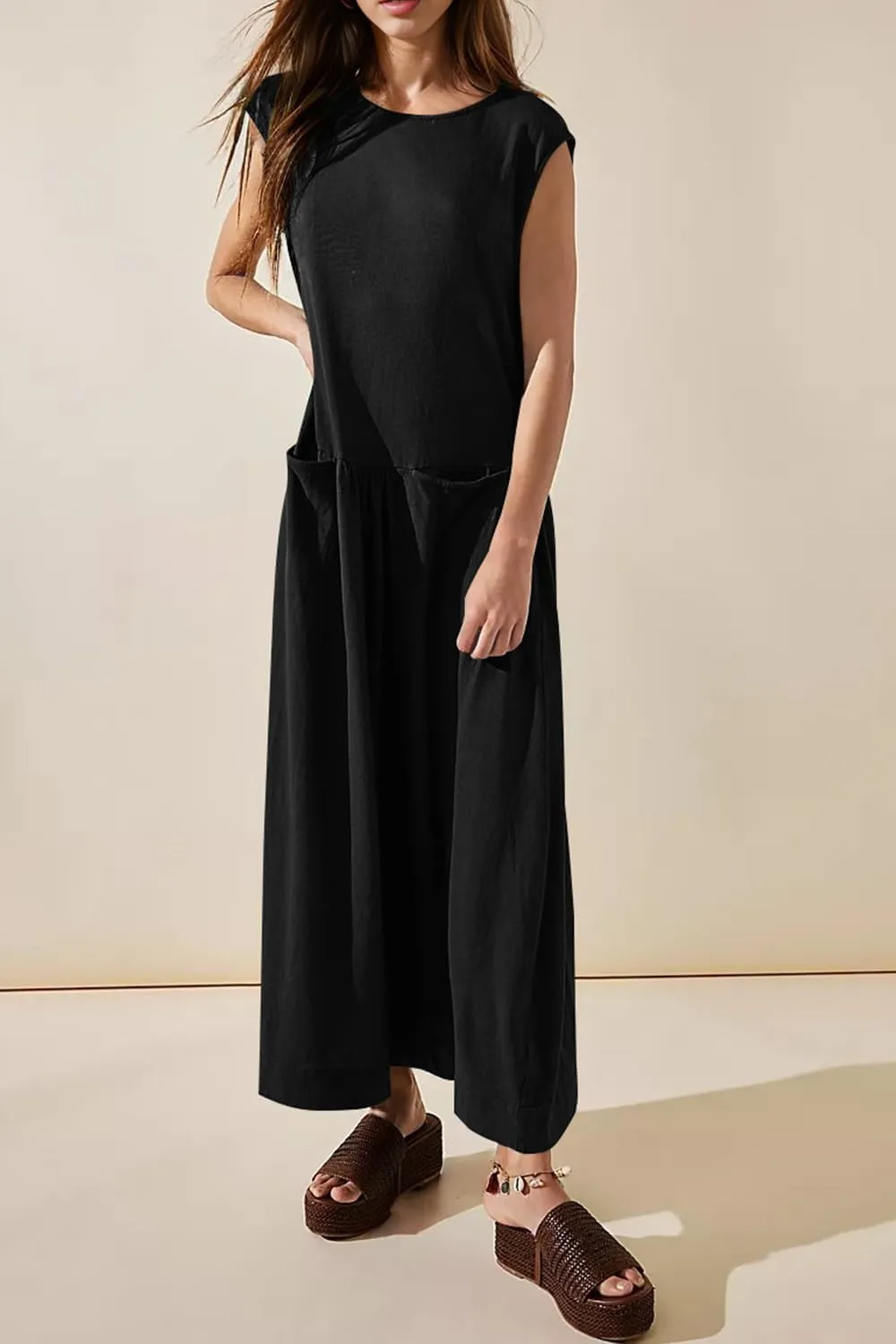 Naggoo Womens Sleeveless Maxi Dress Summer Casual Crewneck Tank Long Dreses with Pocket Vacation Beach Sundress