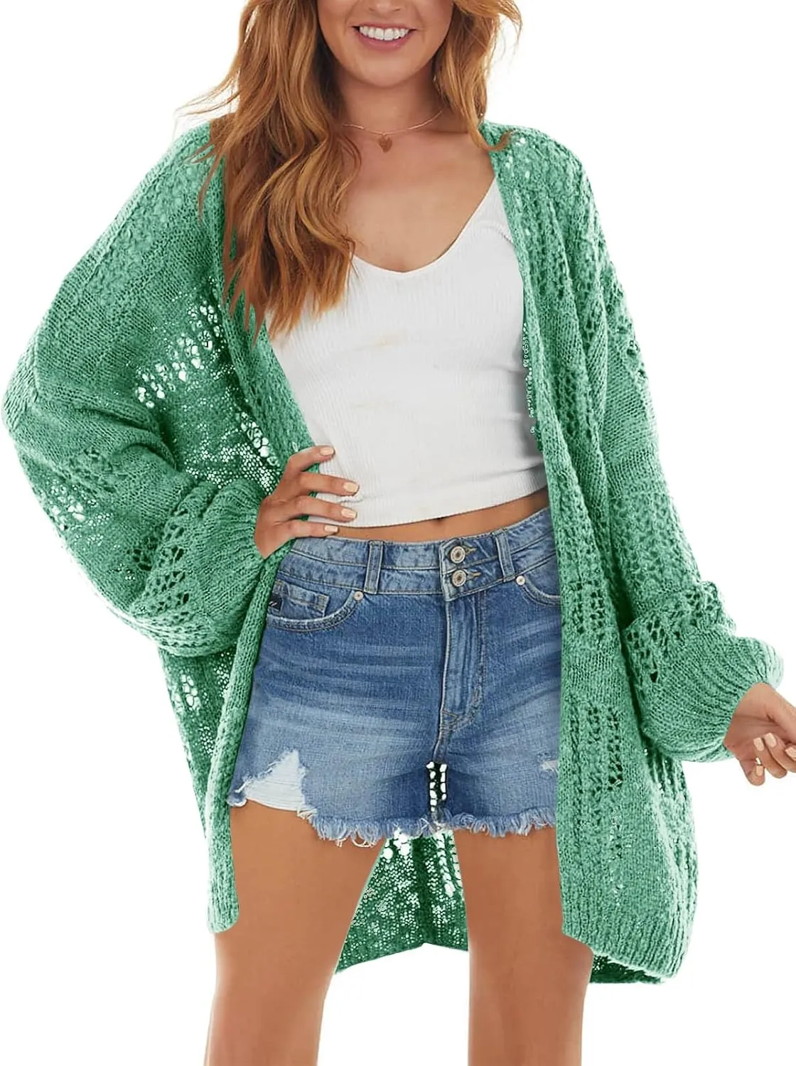 Newffr Womens Lightweight Crochet Oversized Cardigan Sweaters Kimono Boho Long Sleeve Open Front Knitted Cover Ups