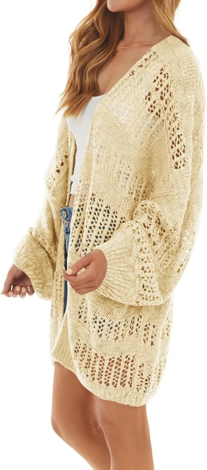 Newffr Womens Lightweight Crochet Oversized Cardigan Sweaters Kimono Boho Long Sleeve Open Front Knitted Cover Ups
